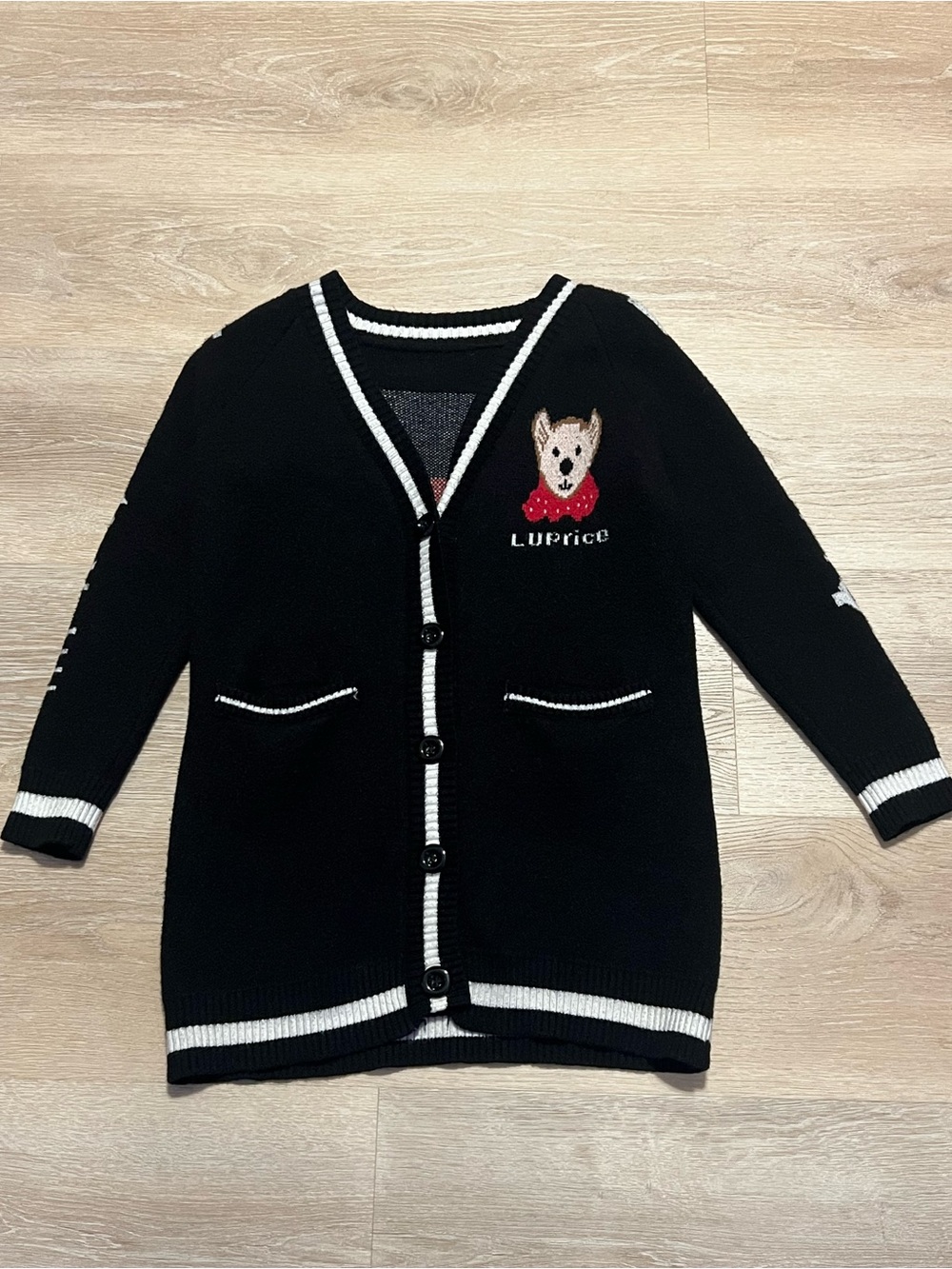 Luprice Teddy Bear Varsity Knit Cardigan Black White Button Front No Tags Small - Picture 6 of 13